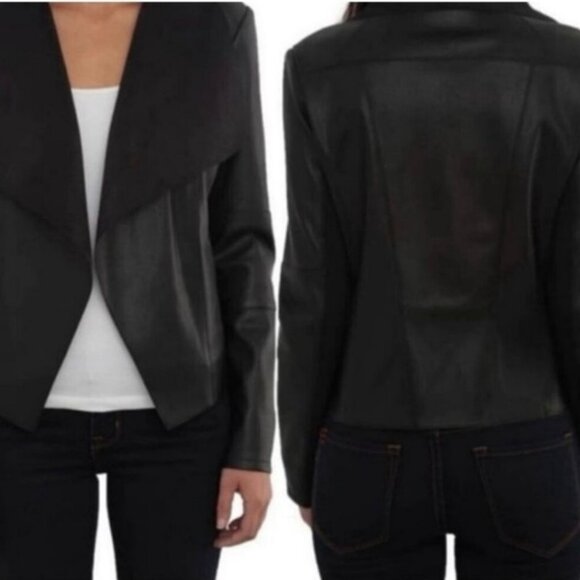 Bagatelle Black Faux Suede Leather Waterfall Open Front Jacket Size Small EUC - Picture 6 of 9
